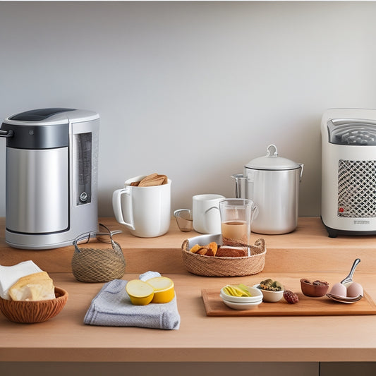 A tidy kitchen countertop featuring a toaster, blender, and coffee maker, each on a separate, sleek, white tray, with a small, woven basket holding utensils, against a soft, light-gray background.