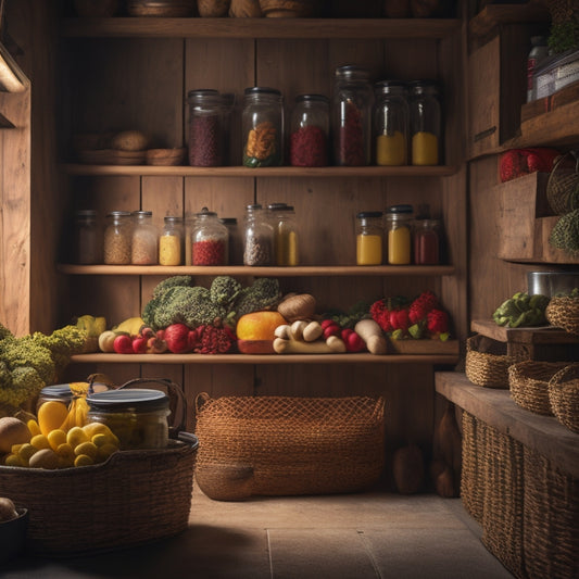 A dimly lit pantry with rustic wooden shelves, filled with Mason jars, baskets, and airtight containers, perfectly organized and labeled, with a few fresh fruits and vegetables peeking out.