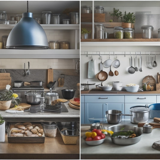 A split-screen image featuring a clean, organized kitchen on one side, with labeled containers, utensils, and a chef's hat, and a cluttered, chaotic kitchen on the other, with crossed utensils and spilled food.