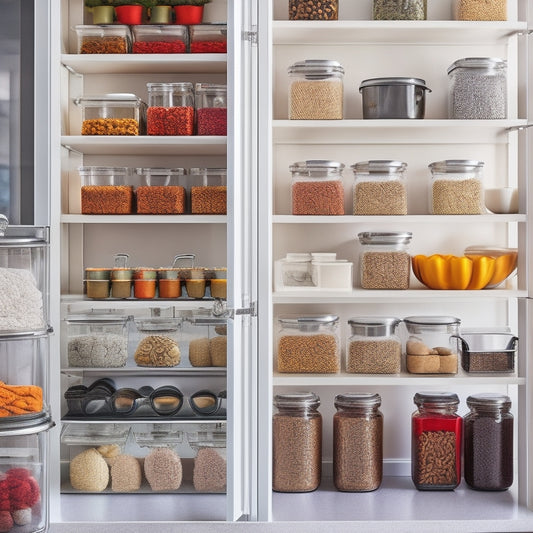 A beautifully organized kitchen cabinet featuring various shelf inserts: clear acrylic dividers, stackable baskets, and labeled containers. Brightly colored spices neatly arranged, with pots and pans organized by size, all bathed in natural light.