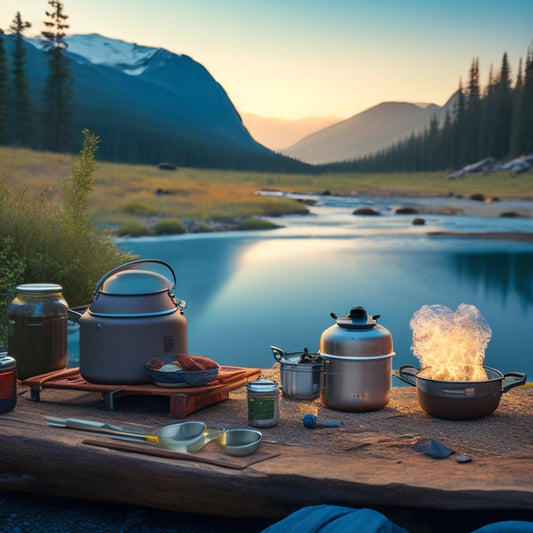 A serene wilderness landscape with a camping setup, featuring a portable stove, a pot of steaming hot food, and a backpack with a Wise Emergency Survival Food kit prominently displayed on top.