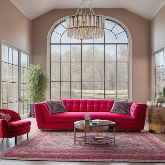 A serene, modern living room with a vaulted ceiling, floor-to-ceiling windows, and a statement chandelier, featuring a plush sectional sofa in a bold, velvety red, surrounded by eclectic decorative accents.