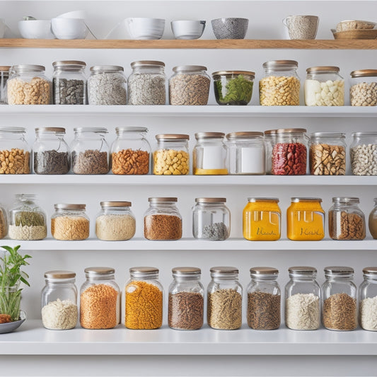 A bright, modern kitchen with a well-organized pantry featuring colorful, decorative labels on glass jars filled with various spices, grains, and baking supplies, against a clean white background.