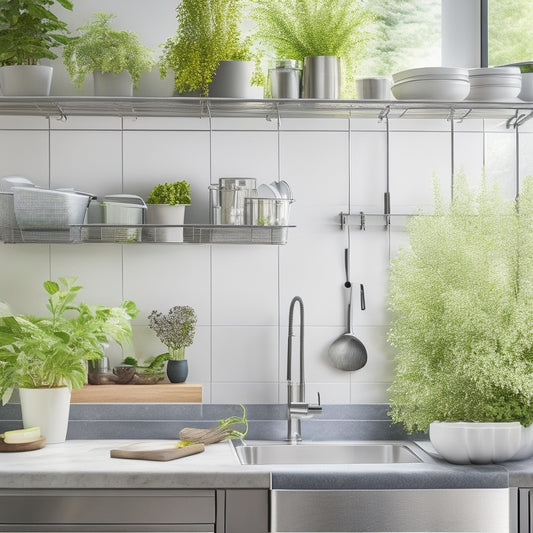 A modern kitchen scene featuring a sleek, stainless steel wall-mounted dish drainer rack filled with neatly arranged dishes, pots, and utensils, complemented by vibrant greenery in the background, soft natural light streaming in.