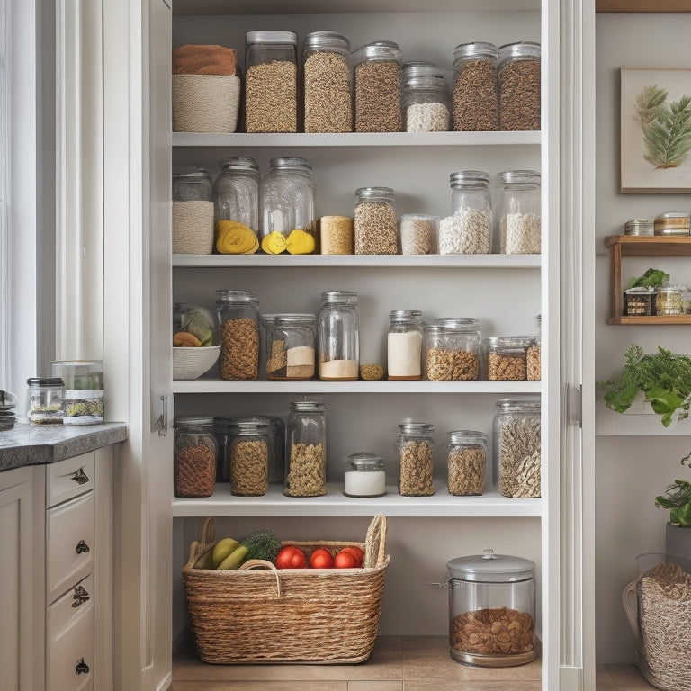 A cozy kitchen corner featuring a stylish, white corner cabinet filled with neatly organized pantry items: colorful jars, spices in labeled containers, and baskets of fresh produce, bathed in warm, natural lighting.