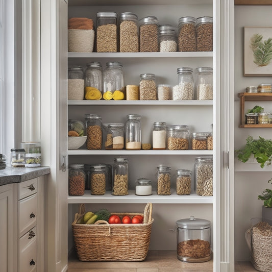 A cozy kitchen corner featuring a stylish, white corner cabinet filled with neatly organized pantry items: colorful jars, spices in labeled containers, and baskets of fresh produce, bathed in warm, natural lighting.