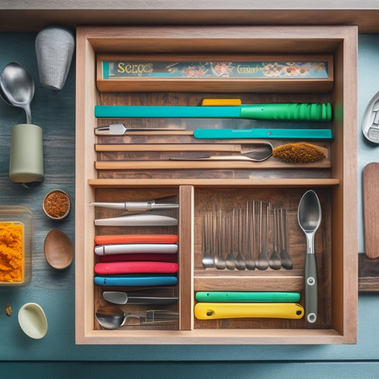 A beautifully arranged kitchen drawer showcasing vibrant utensil organizers, neatly compartmentalized spices, colorful kitchen tools, and sleek cutlery, all bathed in warm, natural light, creating a harmonious and clutter-free atmosphere.