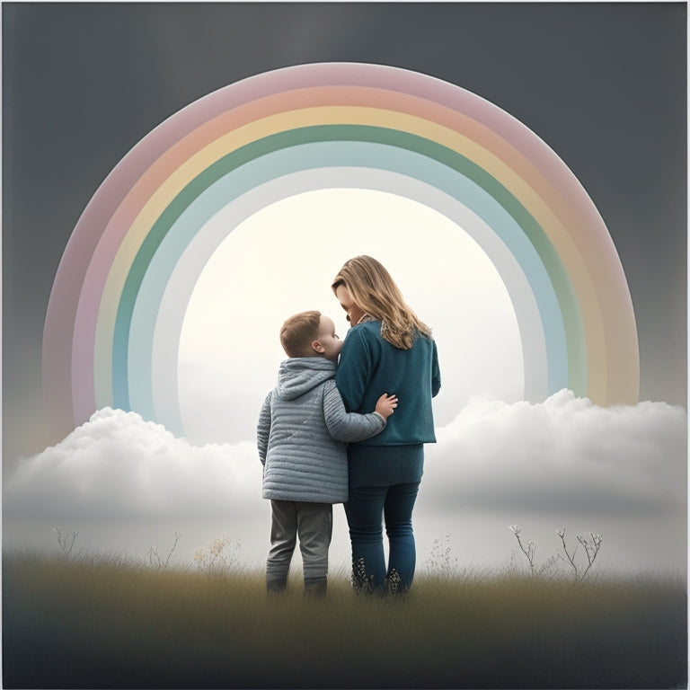 A serene, minimalist illustration of a mother and child embracing, surrounded by soft grey clouds, with a subtle, shimmering rainbow in the background, conveying comfort and reassurance.