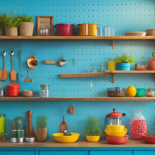 A vibrant kitchen scene featuring a colorful pegboard wall filled with various hooks, shelves, and containers holding utensils, pots, and spices, surrounded by fresh herbs and cooking tools, all bathed in warm, inviting light.