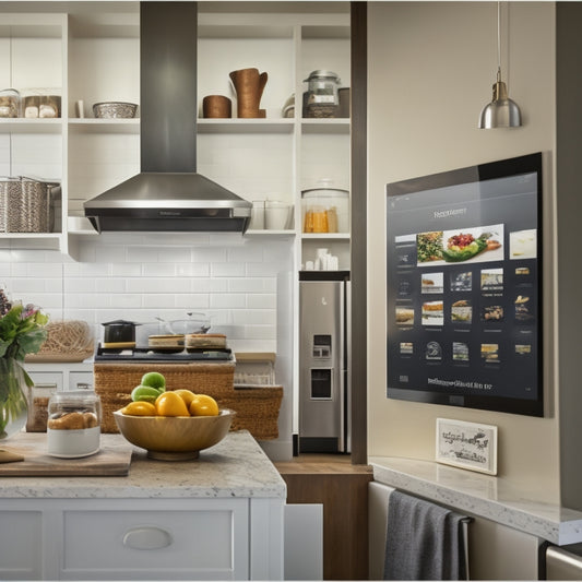 A modern kitchen with a tablet on the counter displaying a digital inventory app, surrounded by organized pantry shelves, a half-opened refrigerator, and a few kitchen utensils, with a subtle background of a recipe book.