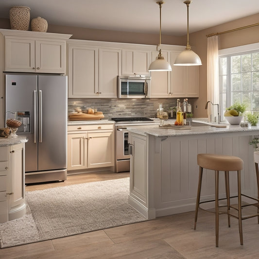 A warm, well-lit kitchen with a mix of warm beige and soft gray tones, featuring a wheelchair-accessible island, lever-handled faucets, and a walk-in pantry with pull-out shelves and grab bars.