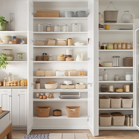A bright, modern pantry with sleek white shelves, baskets, and containers, featuring a pegboard with hanging utensils and a pull-out spice rack, illuminated by soft, natural light.