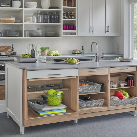 A modern kitchen island showcasing organized storage solutions: pull-out drawers filled with utensils, open shelves displaying colorful cookbooks, and a hidden wine rack, all surrounded by sleek white cabinetry and warm wooden accents.