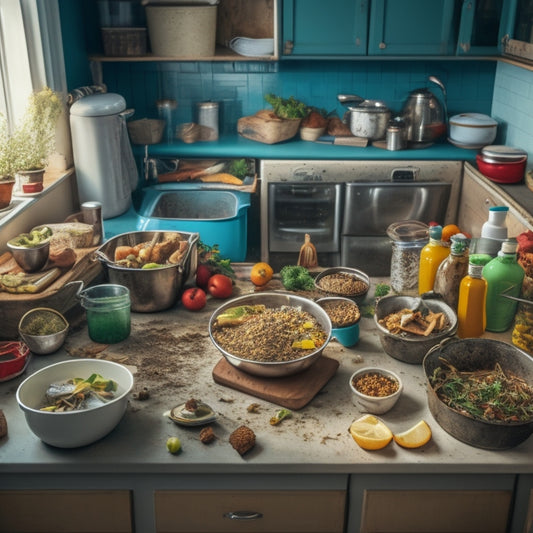 A messy kitchen with utensils scattered on countertops, a sink filled with dirty dishes, and a trash can overflowing with food waste, contrasted with a clean and organized corner showcasing a few tidy cooking essentials.