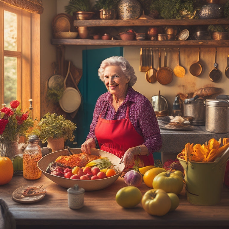 A warm, golden-lit kitchen filled with vibrant fresh produce, eclectic cookbooks, and vintage utensils, with a charismatic older woman, Mrs. Moehr, smiling and surrounded by aromas of sizzling food.