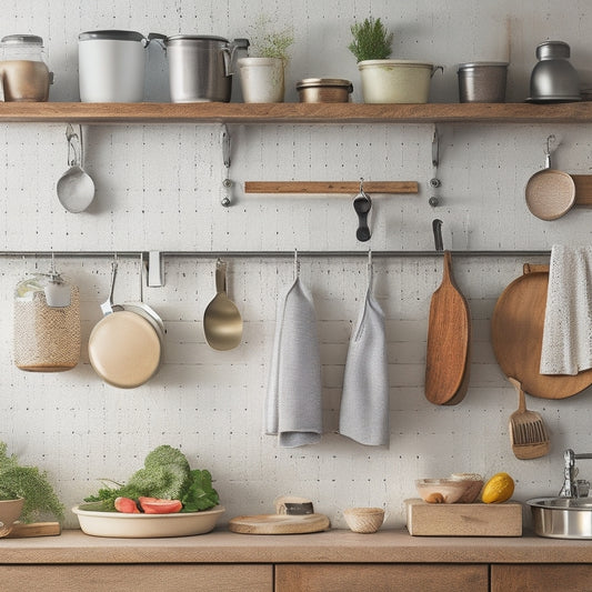 A clutter-free kitchen counter with a mounted pegboard displaying utensils, a hanging pot lid organizer, and a repurposed mason jar filled with kitchen tools, set against a light wood background.