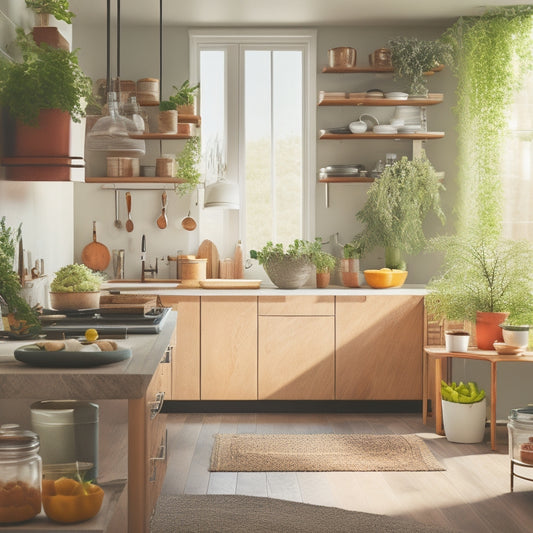 A tidy, modern kitchen with a few open cabinets revealing neatly organized cookware, utensils, and spices, surrounded by warm, natural light and a few potted plants on the countertops.