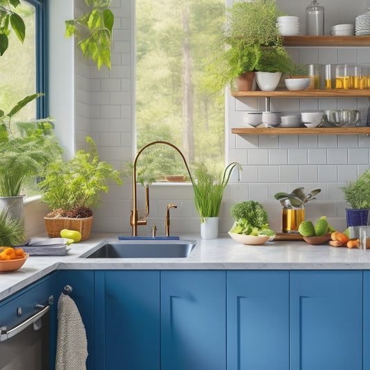 A sleek, modern kitchen countertop featuring a compact, multi-tiered dish drainer with plates, glasses, and cutlery neatly arranged, surrounded by vibrant kitchen plants and stylish appliances, all bathed in soft, natural light.