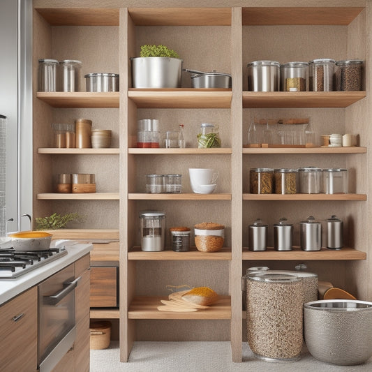 A modern kitchen with sleek pull-out cabinet organizers showcasing an array of spices, utensils, and pots. Soft natural light illuminates the smooth wood finishes and metal slides, creating an inviting, organized space.
