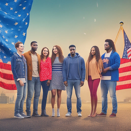 A stylized illustration of a diverse group of young adults standing in a circle, holding hands, and surrounded by subtle American flags and stars, with a subtle cityscape or community background.