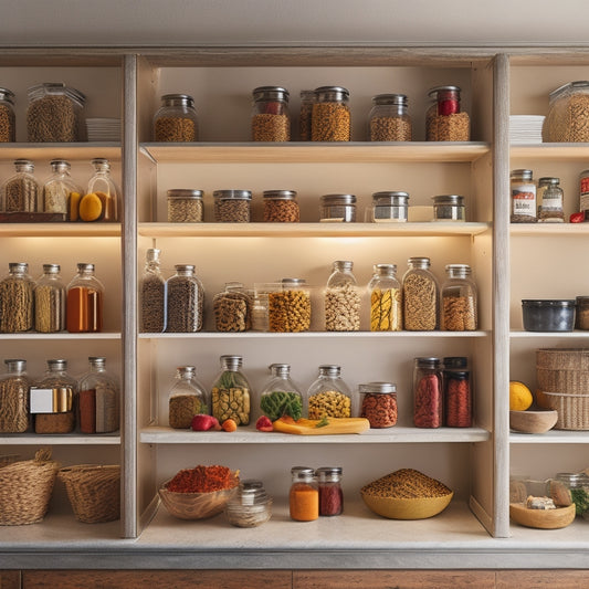 An elegant kitchen scene showcasing heavy-duty sliding pantry drawer organizers, filled with labeled jars of spices, neatly arranged canned goods, and vibrant fruits, illuminated by warm, natural lighting, showcasing efficiency and style.
