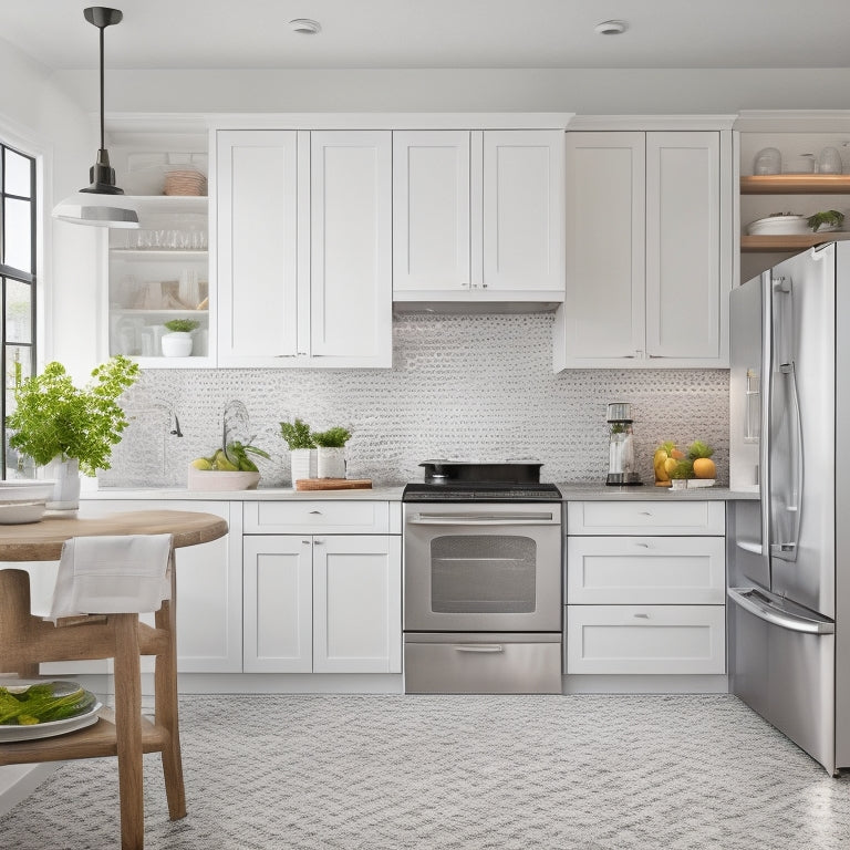 A bright, modern L-shaped kitchen with white cabinets, gray countertops, and a light wood floor, showcasing clever storage solutions like a slide-out trash can, a pegboard, and a utensil organizer.