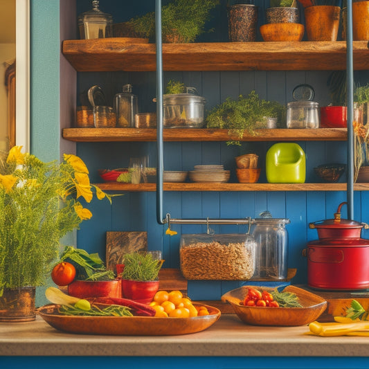 A vibrant kitchen scene showcasing a stylish over-the-door rack filled with colorful spice jars, hanging utensils, and neatly organized dish towels, surrounded by fresh herbs and a cozy ambiance.