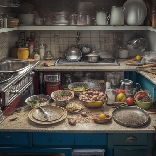 A cluttered kitchen with dirty dishes piled high in the sink, utensils tangled on the countertops, and expired food spilling out of overcrowded cabinets, with a single, uncluttered drawer standing out in contrast.