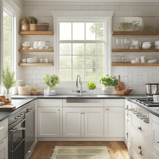 A bright, modern kitchen with creamy white cabinets, sleek black countertops, and a large window with natural light pouring in, featuring a set of three floating shelves in a rustic wooden tone.