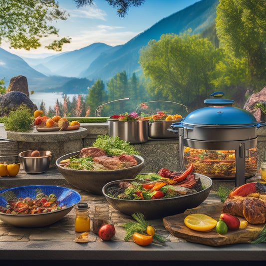 A vibrant, sun-kissed outdoor kitchen scene with a stainless steel grill, sizzling meat, and colorful vegetables, surrounded by lush greenery, a mountain range, and a few adventurous cooking utensils scattered about.