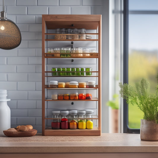 A sleek wooden spice rack with glass jars, filled with colorful spices, elegantly displayed against a minimalist white kitchen backdrop, accented by stainless steel utensils and vibrant potted herbs.