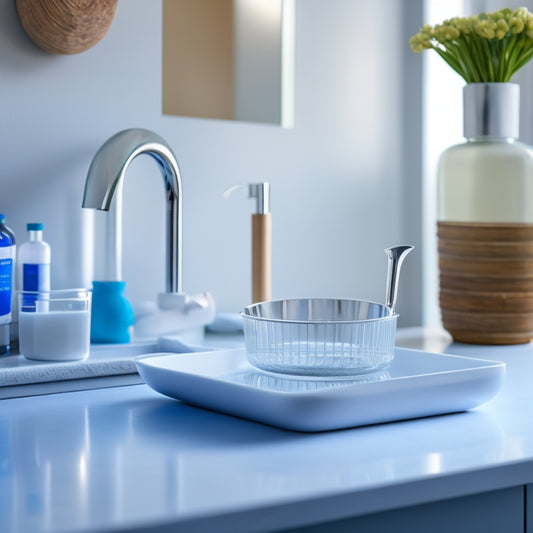 A sleek, modern sink caddy featuring a shiny soap dispenser, a soft sponge holder, and a vibrant dish scrubber, all set against a clean, white kitchen countertop with subtle reflections of light.