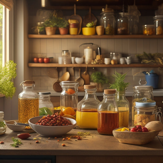 A warm, golden-lit kitchen scene featuring a variety of colorful jars filled with vibrant ingredients, surrounded by utensils, cookbooks, and a few perfectly placed fresh herbs.