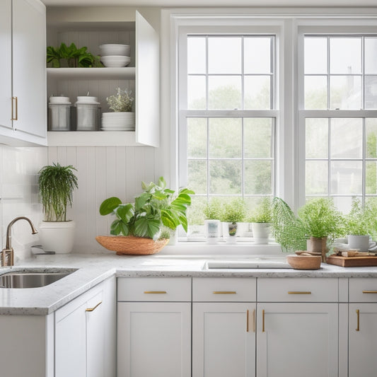 A serene, well-organized small kitchen with sleek white cabinets, a minimalist white countertop, a few strategically-placed utensils, and a single, thriving green plant on the windowsill.