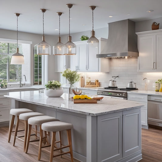 A bright, modern kitchen with sleek white cabinets, warm wood accents, and a large island featuring a built-in cooktop, surrounded by a stunning stone backsplash and illuminated by pendant lights.