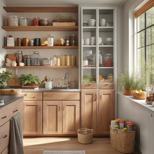 A cozy small kitchen featuring sleek sliding pantry drawers, filled with neatly organized spices, canned goods, and snacks. Soft natural light filters through a window, highlighting the warm wood tones and modern design elements.