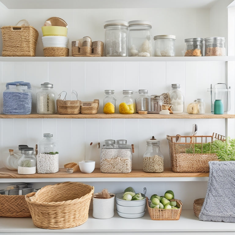 A bright, organized kitchen with a mix of repurposed and inexpensive storage solutions, such as mason jars, woven baskets, and DIY shelves, against a warm, white background.