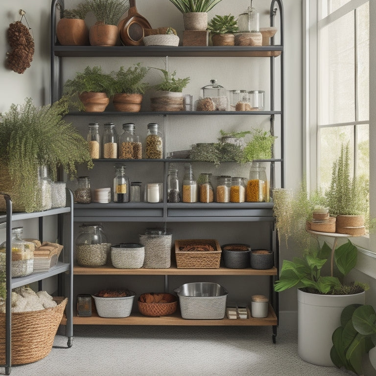 A cozy kitchen corner featuring sleek, multi-tiered shelves filled with neatly arranged jars, spices, and plants, alongside a compact rolling cart with utensils, maximizing space and showcasing modern storage solutions.