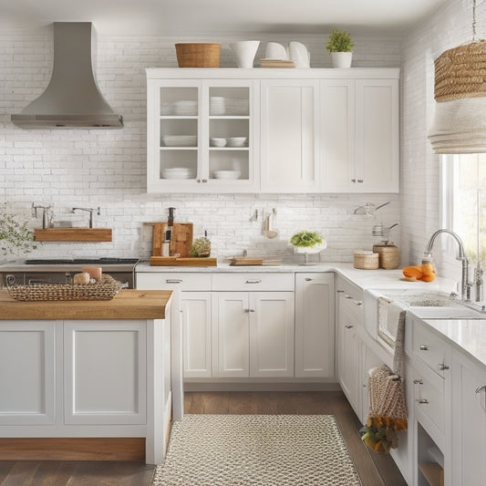 A warm, well-lit kitchen with sleek, white cabinets, a large island, and a stainless steel appliance suite, featuring a pegboard with organized utensils and a few strategically-placed woven baskets.