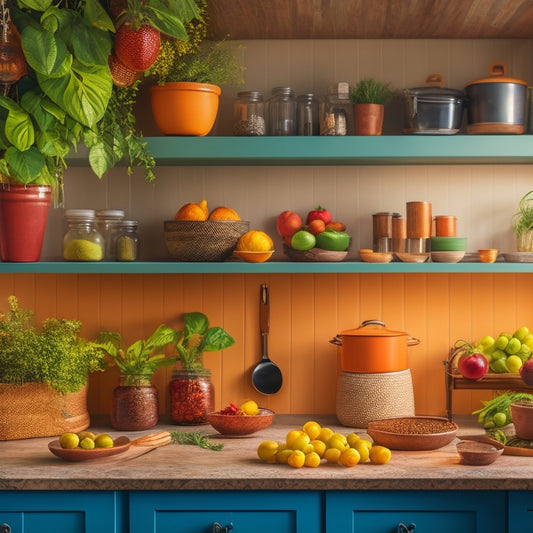 A cozy small kitchen featuring elegant countertop storage solutions: a tiered spice rack with colorful jars, hanging pots and pans, sleek wooden canisters, and a stylish fruit bowl, all surrounded by warm lighting and plants.
