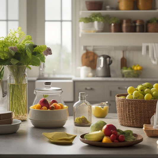 A clutter-free kitchen countertop with a few, strategically placed, airtight containers in various sizes, surrounded by a few fresh fruits and vegetables, with a subtle, warm lighting effect.