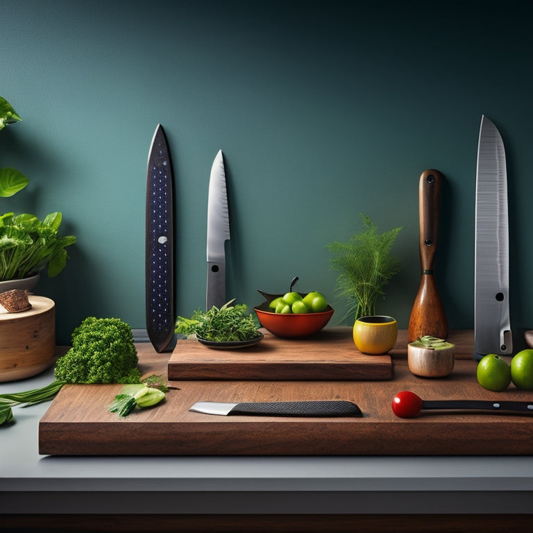 A sleek, modern kitchen scene featuring a strong magnetic knife strip mounted on a wooden wall, showcasing heavy-duty knives of various sizes, reflecting light and casting shadows, surrounded by fresh herbs and cutting boards.