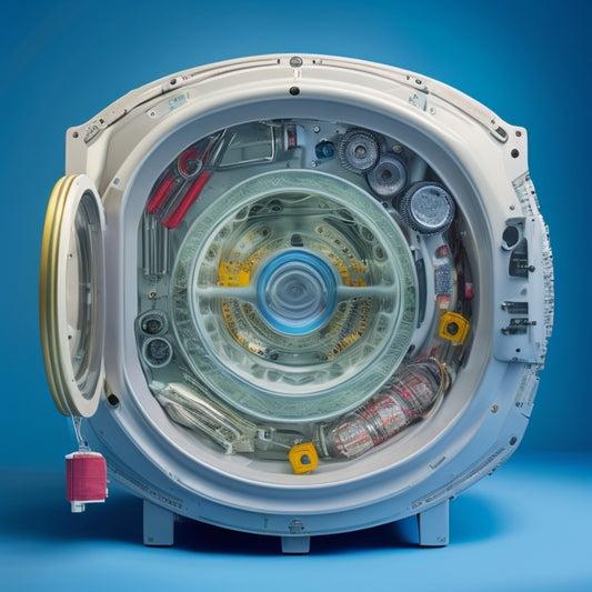 A Whirlpool 3XARG458GD00 model washing machine with its outer shell removed, exposing internal components like gears, wires, and motors, arranged in a neat and organized manner, with tools and parts scattered around.