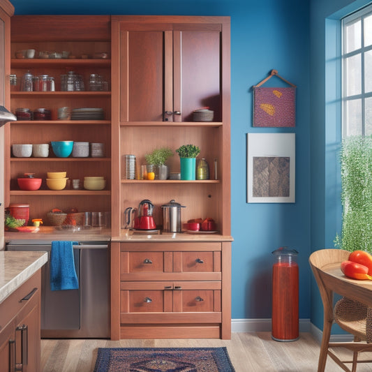 A modern kitchen featuring a sleek over-the-door shelf organizer filled with colorful spices, neatly arranged utensils, and vibrant pots. The backdrop is a warm wood-paneled door and soft, ambient lighting enhances the cozy atmosphere.