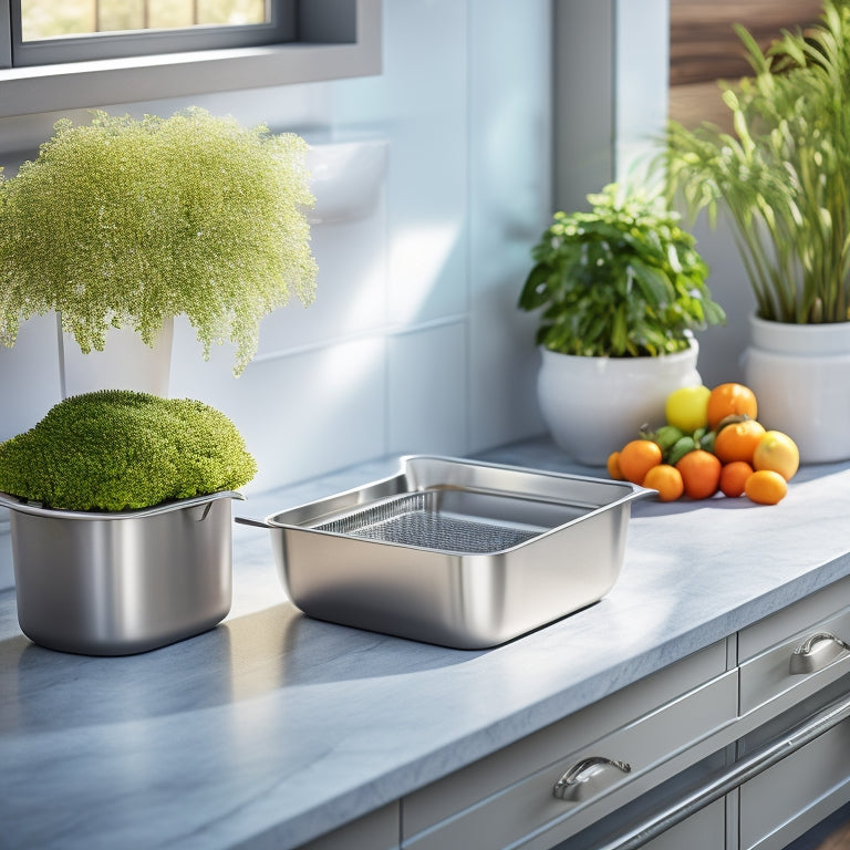 A sleek, modern dish drainer made of brushed stainless steel, elegantly positioned on a marble countertop, surrounded by fresh herbs in ceramic pots and sunlit open-concept kitchen elements, showcasing a seamless blend of style and functionality.