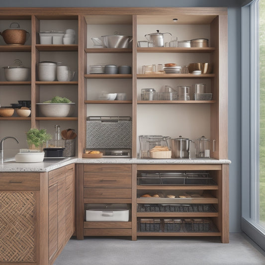 A modern kitchen featuring sleek, roll-out trays in a corner cabinet, showcasing bright wood finishes, organized spices and cookware, with warm lighting illuminating the functional design and maximizing space efficiency.