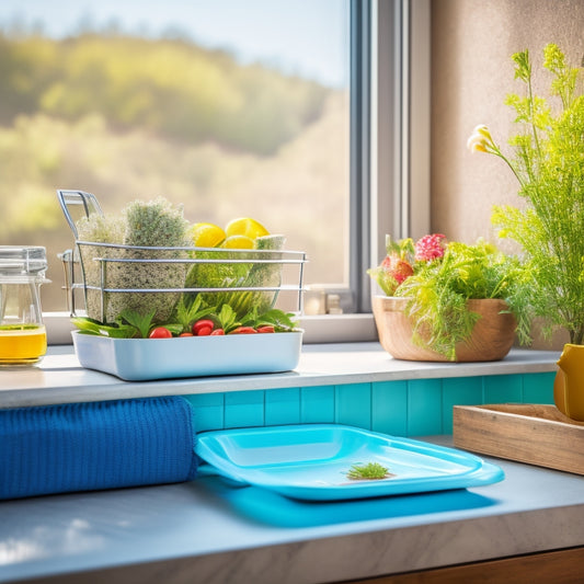 A compact, stylish portable dish drainer set on a small countertop in a modern RV kitchen, surrounded by fresh herbs, colorful dishware, and natural light streaming through a window, showcasing space-saving design.