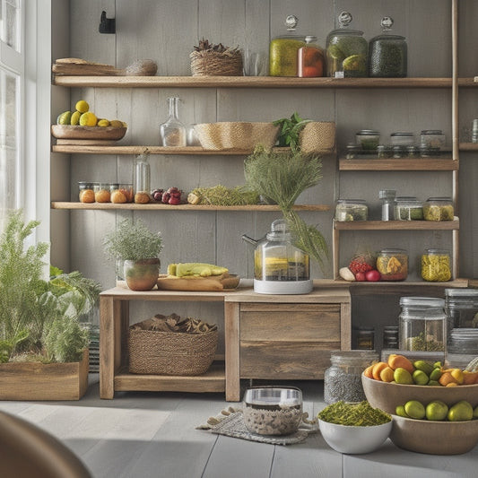 An inviting kitchen scene showcasing various creative countertop storage solutions: a rustic wooden tiered stand with colorful fruits, sleek glass jars filled with spices, a stylish metal rack displaying cookbooks, and a vibrant herb garden.