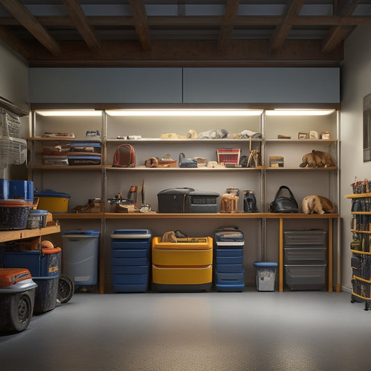 A tidy, well-lit garage with 5-7 Bearicuda storage bins of varying sizes, stacked and arranged efficiently, with a few tools and accessories neatly stored inside and around them.