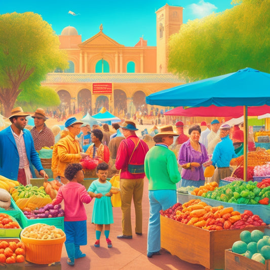 A vibrant illustration depicting a bustling farmers' market with diverse people of all ages, colorful produce, and local vendors, set against a warm, sunny background with a subtle cityscape.